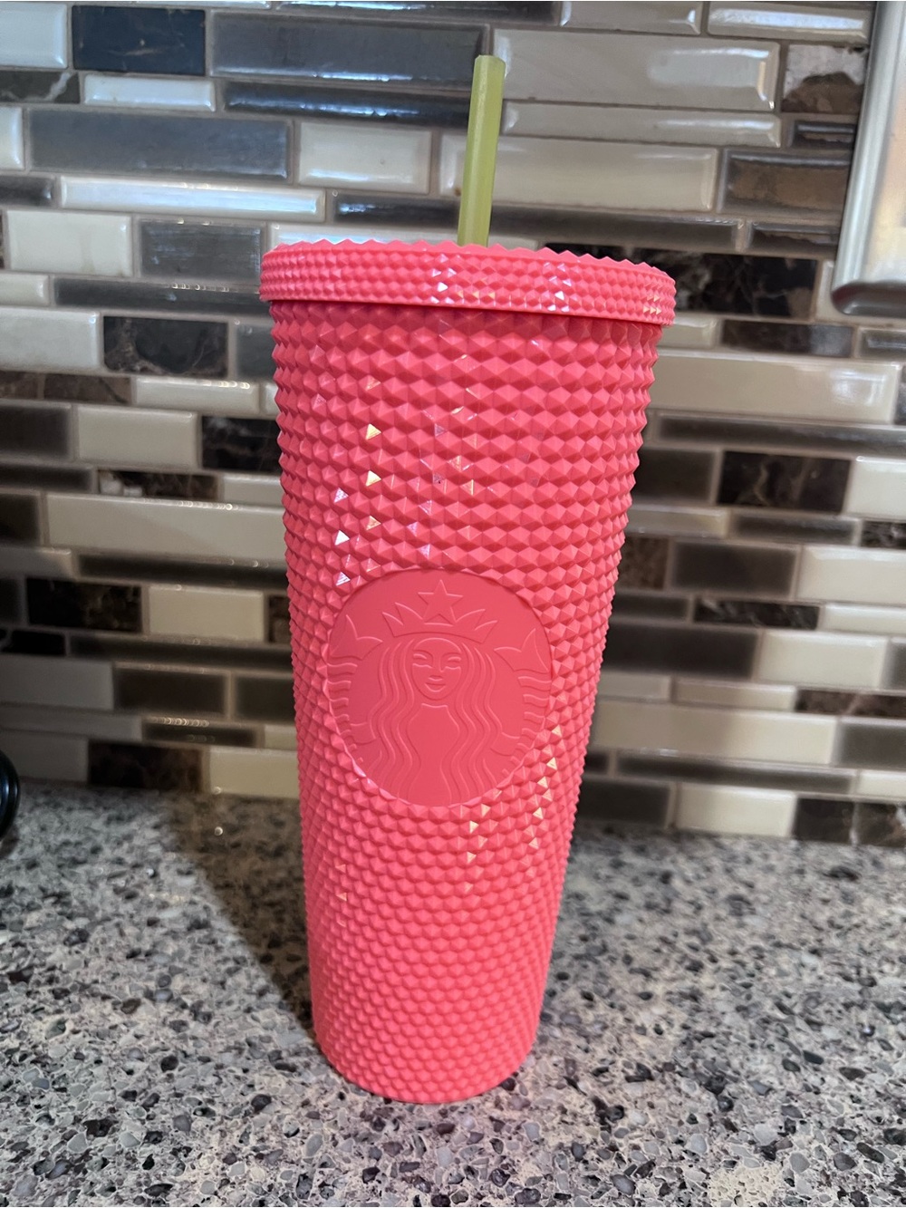 Starbucks 2022 DragonFruit Coral Pink Studded Reusable Tumbler with Yellow Straw